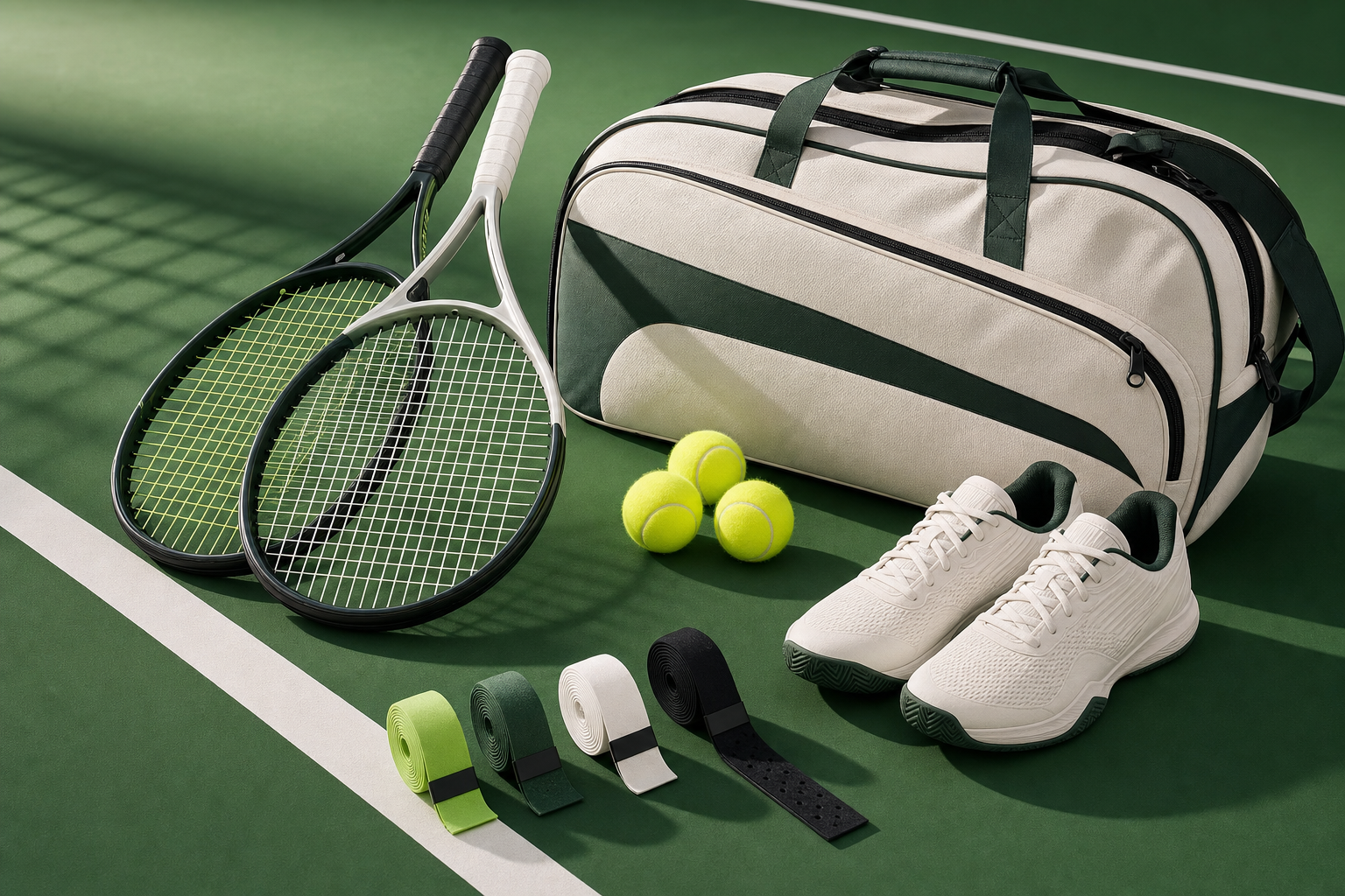 Modern tennis racquet, balls, shoes, and accessories arranged on a bright court