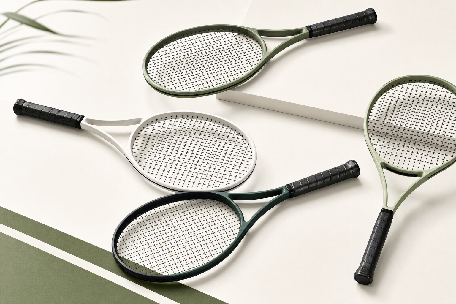 Collection of tennis racquets on a clean studio background