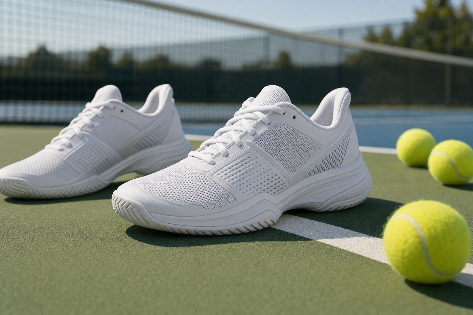 Pair of performance tennis shoes beside a baseline