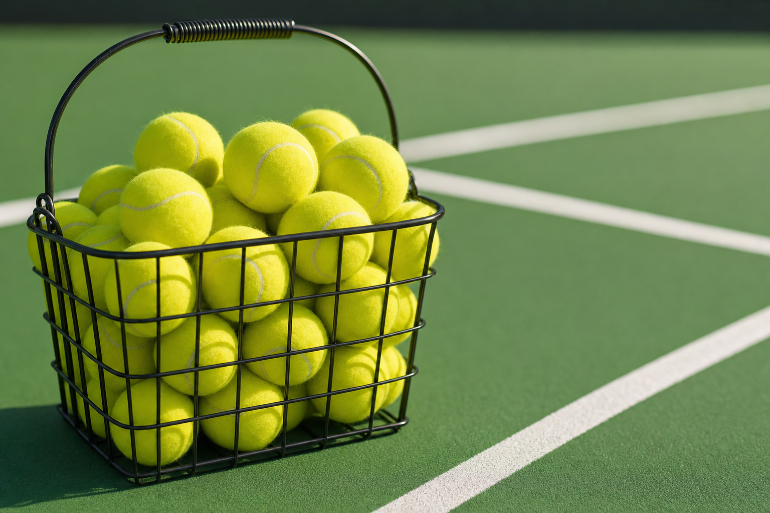 Tennis balls in a basket on a hard court
